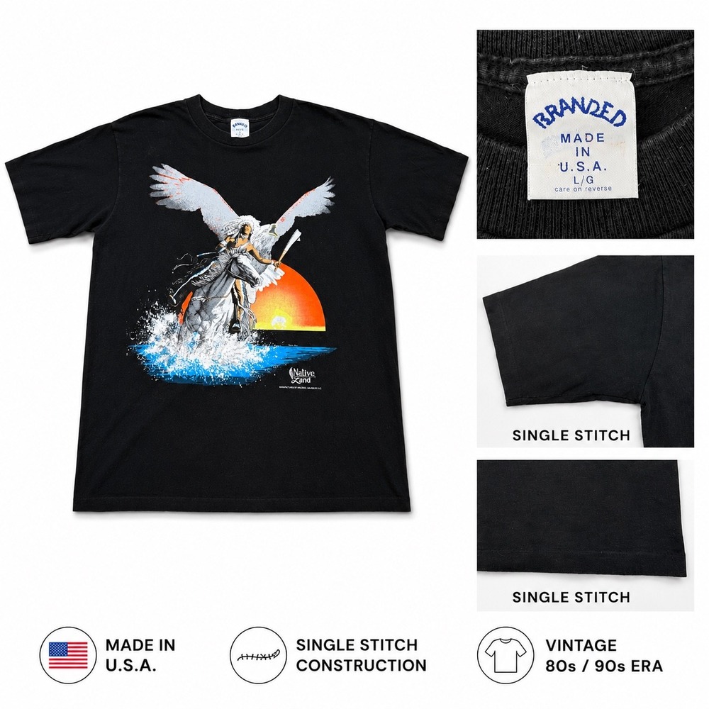 Vintage Branded Native Land Single Stitch T‎ Shirt Mens Large Black Eagle Horse